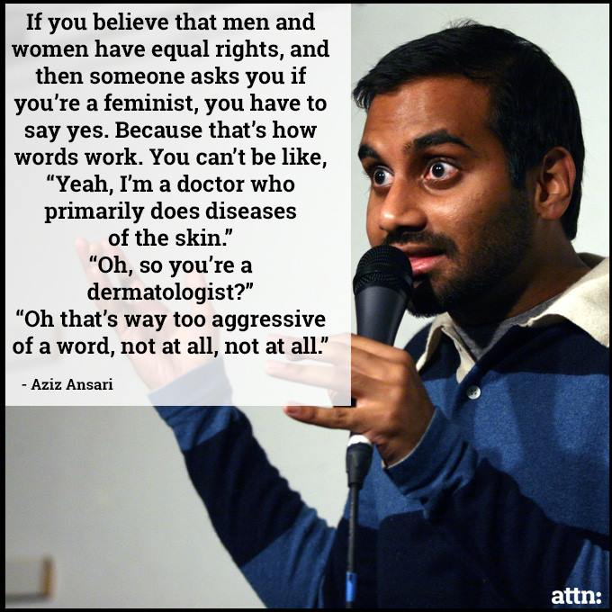 
	'If you believe that men and women have equal rights, and then someone asks you
	if you're a feminist, you have to say yes. Because that's how words work. You
	can't be like, 'yeah, I'm a doctor who primarily does diseases of the
	skin.'
	'Oh, so you're a dermatologist?'
	'Oh, that's way too aggressive of a word, not at all, not at all.''
	--Aziz Ansari
	